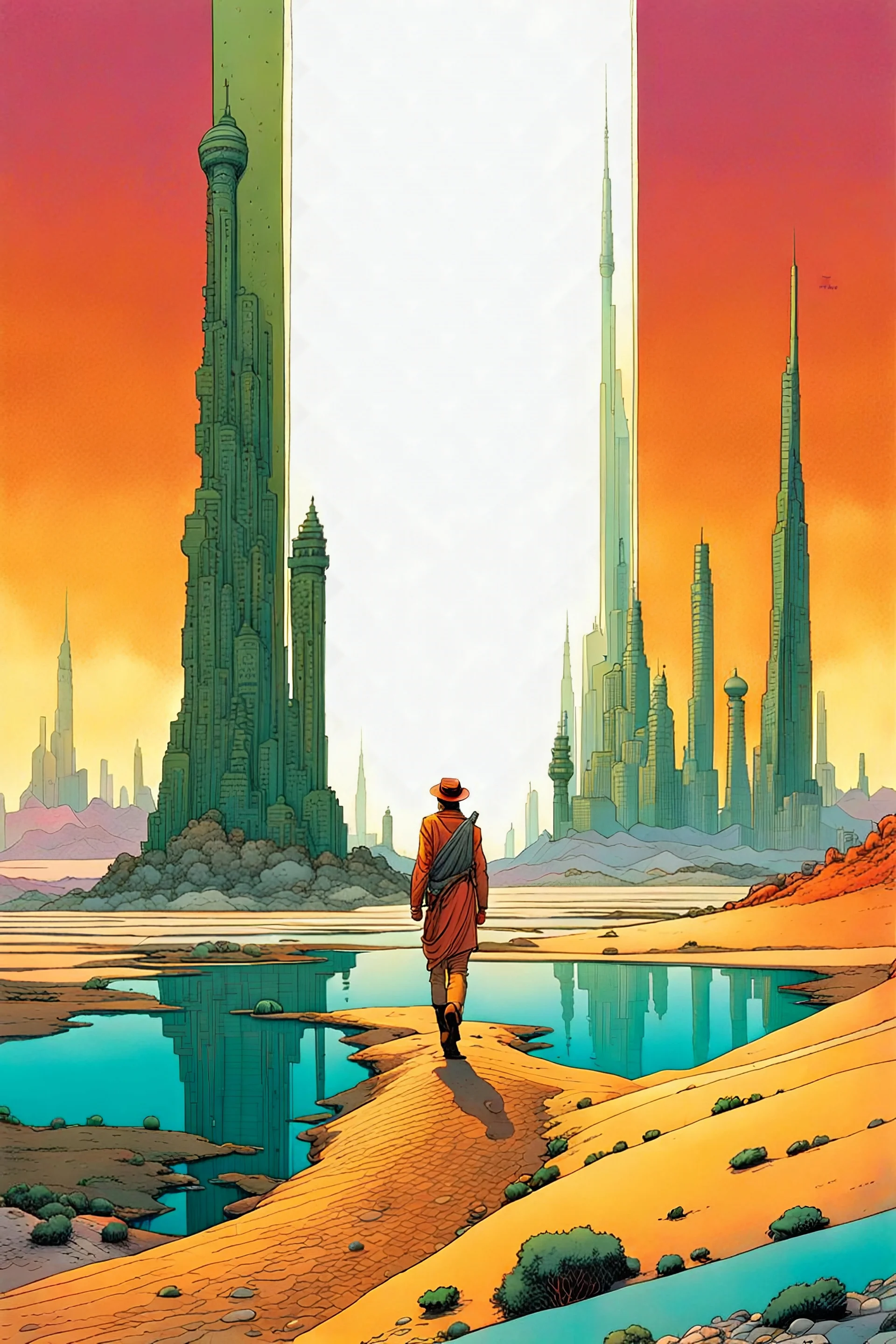 create a surreal oasis of water, enigmatic, otherworldly, paradoxical, nomadic herdsman inhabiting an ethereal desert realm with run down cities, in the comic book style of Jean Giraud Moebius, David Hoskins, and Enki Bilal, precisely drawn, inked, and colored