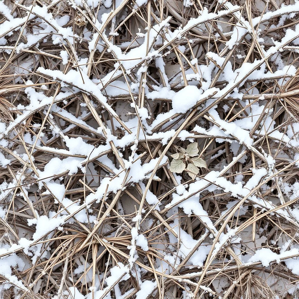 A detailed winter camouflage pattern. various shades of brown, beige, and off-white branches, twigs, and grasses covered in a layer of light gray and white snow. The branches are gnarled and textured, with varying thicknesses and shapes. The snow appears as a soft, subtle coating over the vegetation. The perspective is a close-up view of the camouflage pattern, filled with overlapping details that create a realistic representation of a wintry forest scene. muted colors, seamless tile