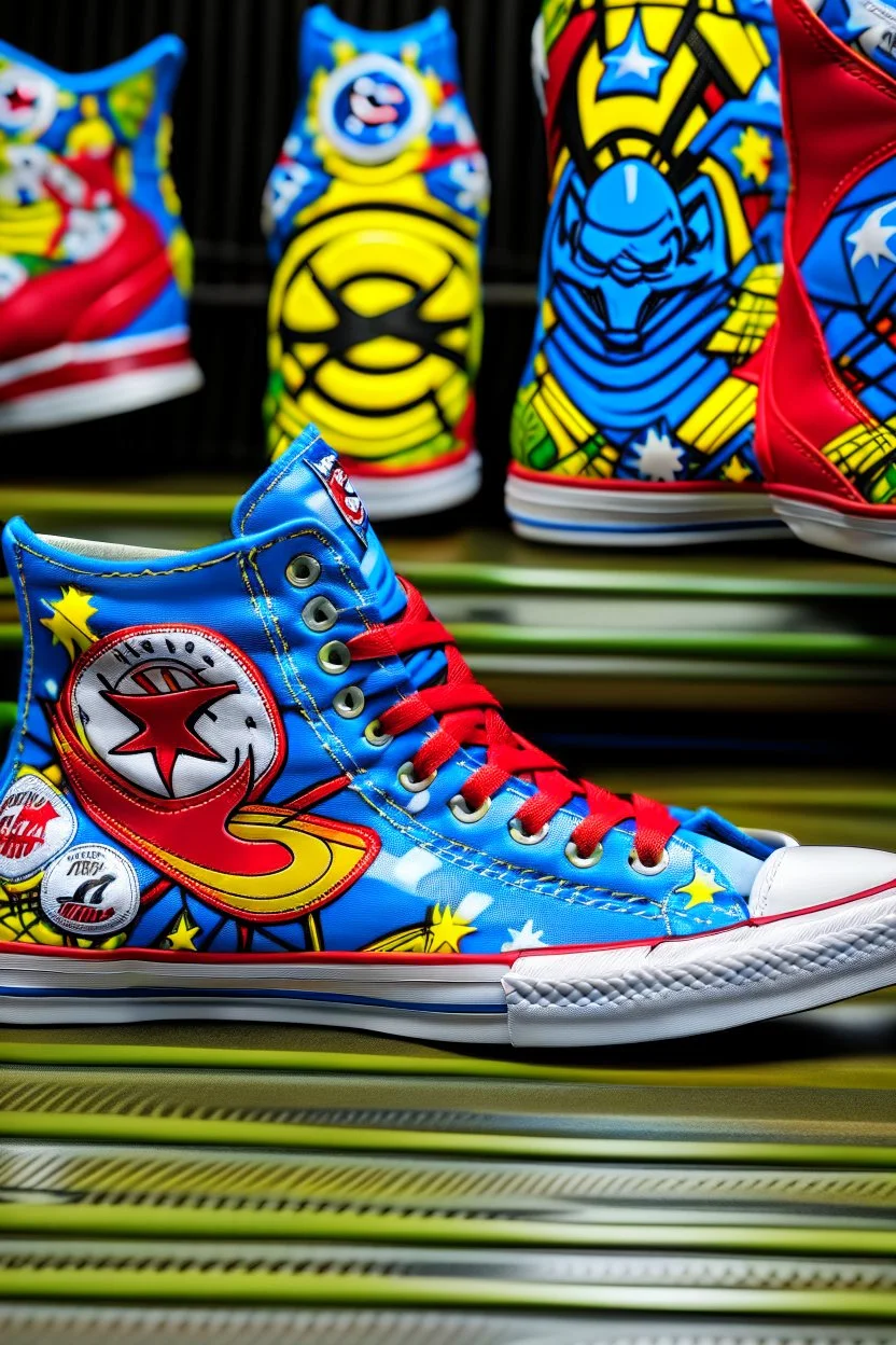 A converse sneaker, superman stickers all over sneaker