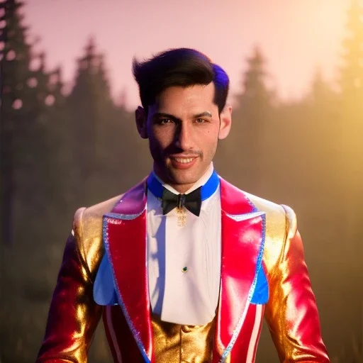 circus, ringleader, Arthur Kulkov, front, handsome, muscular, male, Russian, buff, fantasy, anime, steam punk, mystical colors, Golden hour, Lisa Frank fantasy