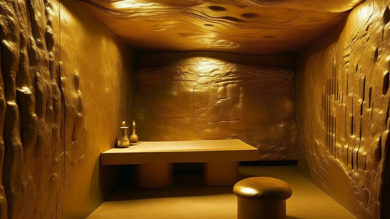 A tan cave filled with gold designed in Scandinavian folk art painted by Mark Rothko