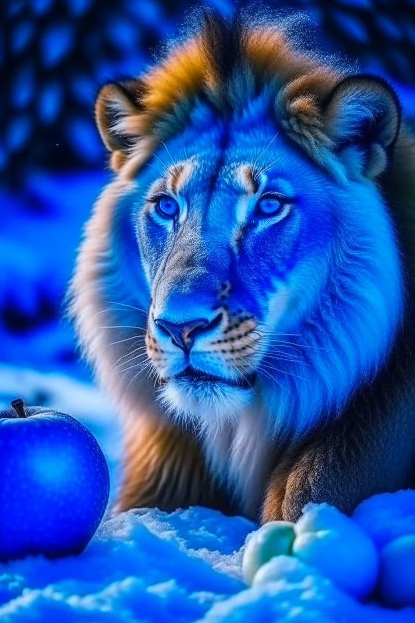 lion eat apple with snow and blue mood