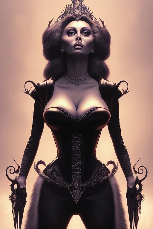 Sophia Loren as evil queen in black leather, cleavage, angry, stern look. character design by cory loftis, fenghua zhong, ryohei hase, ismail inceoglu and ruan jia. unreal engine 5, artistic lighting, highly detailed, photorealistic, fantasy