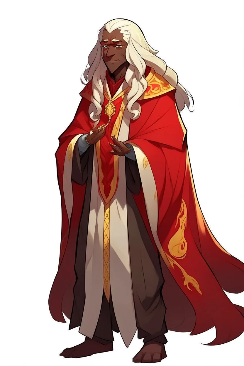 guy animation character with long white hair, Dark skin, yellow eyes, horns, dressed in a red priest's robe