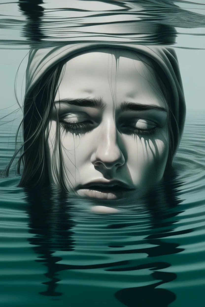 Artwork of t-shirt, Wide angle, half of face on water surface of a woman eyes are full of tears in swimming pool. Broken heart, sadness, down deep