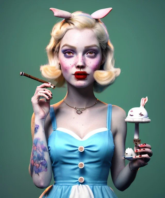 Ultra realistic portrait, wonderland, happy blonde Alice smoking a pipe, blue dress accompanied by elegant anthropomorphic white rabbit, circus dress style, old school tattoo, laughter, smoke, marijuana garden, mushroom lamps, glow eyes, perfect iris, soft color, highly detailed, unreal engine 5, ray tracing, RTX, lumen lighting, ultra detail, volumetric lighting, high definition.