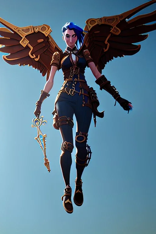 steampunk angel flying through blue sky