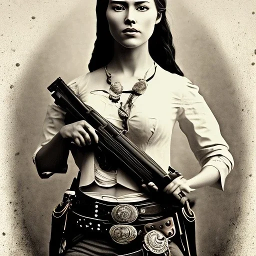 sepia close-up of beautiful female mexican outlaw wearing holster with two guns on waist and bandolier on chest, long black wavy hair, gorgeous, stunning face, 8k, high-quality, ultra-fine detail, 1800s wild west