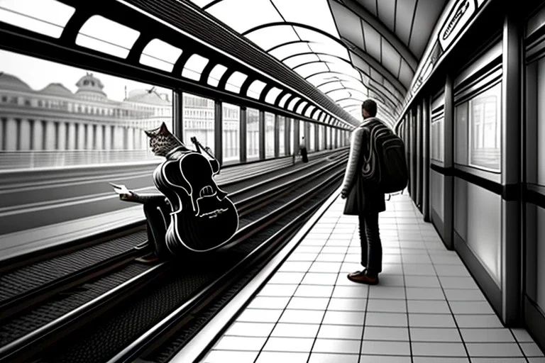 One single mature cat, guitar case, wearing clothes, sitting in the subway, Vienna, friendly, sunny day, model style, hyper realistic, extremely accurate, delicate, extremely detailed, Graphic novel style, wide-angle, open aperture, superfine pencil