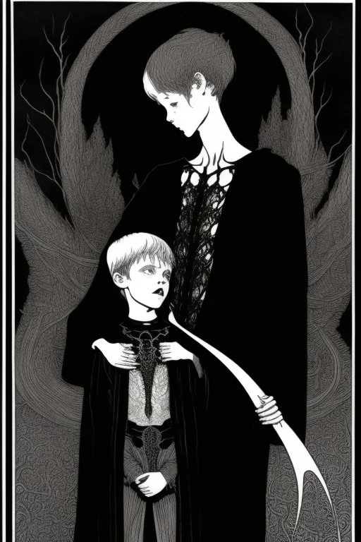 7 year old boy, necromancer, friendly, looks dead,with a long lamprey emerging from his belly , wearing black robes, in the style of Harry Clarke