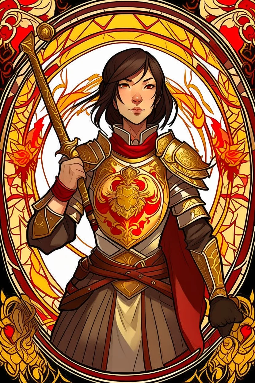 an anime drawing of a 40 year old thai woman. dark brown hair in a bob cut. she is wearing an armour over a beautiful thai gown. she has a sun themeing. and the color scheme is red and yellow. she is holding a shield and a sword