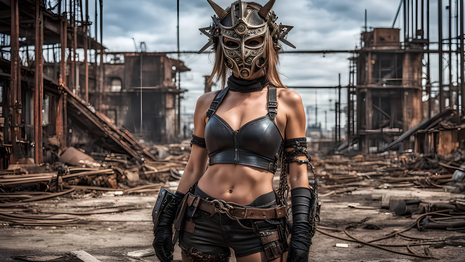 RAW photo, cute thiny woman mask, full body, postapocalypse warrior, leather, leather straps, rivets, chains, ropes, bronze, corrugated tubes, against the background of the ruined city, rusted steel structures, ((intricate details)), hdr, ((intricate details, hyperdetailed)), cinematic shot, vignette, PERFECT (((gorgeous FACE))), highly detailed, INTRICATE, photo realistic, cinematic lighting, Fujifilm XT3