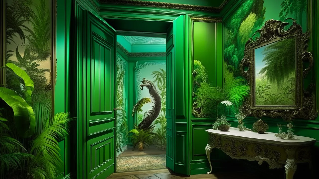 Imagine a rococo-style room in green tones with the walls decorated with paintings of jungle plant and animal motifs, through a half-open door you can see the jungle, and through a window through which a halo of light enters, a panther peeks out.