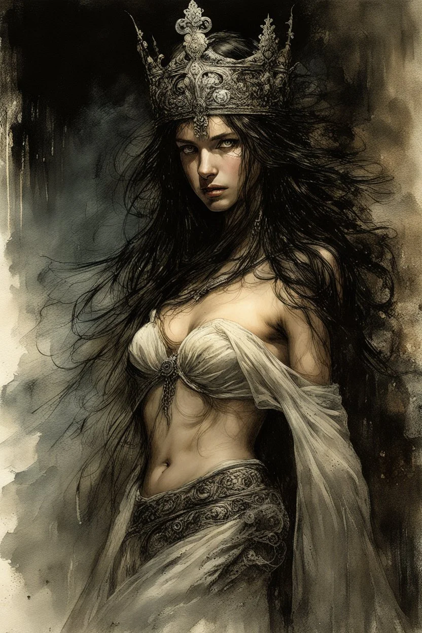 Hyper-photorealistic watercolor art style by Luis Royo & Jeremy Mann, Surreal fine art etching of a figure by Luis Royo, tanned skin inscribed with the transient story of mortality, ethereal light playing with its form whispering tales of an eternal realm, eyes, black as the depths of the night, ardently pinand looking towards the endless skies, a crown of black hair mirroring the mystery of the cosmos around, whole scene tinged with an ethereal softness from volumetric lighting, hues gr,