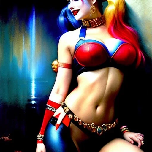 Drawing of beautiful face,'beautiful booty ,Busty Harley Quinn',intense stare, ancient skintight armor, balanciaga fashion clothe painting by gaston bussiere, greg rutkowski, yoji shinkawa, yoshitaka amano, tsutomu nihei, donato giancola, tim hildebrandt, Oil on canvas, cinematic composition, extreme detail,fit full head inside picture,16k