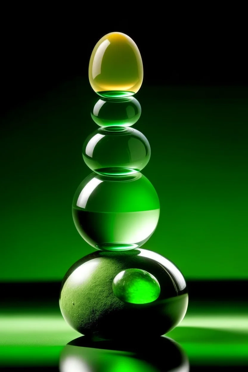 large and small glass balls are on stones balancing on bamboo stems on top of each other, light green background, bright glow