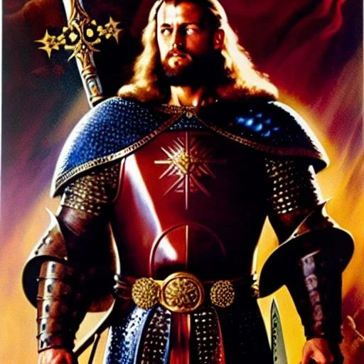 portrait oil on canvas,King Arthur with plate armor and highly detailed excalibur Sword on Right arm,comic book cover, mystical colors,insanely detailed,realistic,intrincate detail, 16k resolution, masterpiece,Frank Frazetta, Alex Horley, Simon Bisley,Oscar chichoni