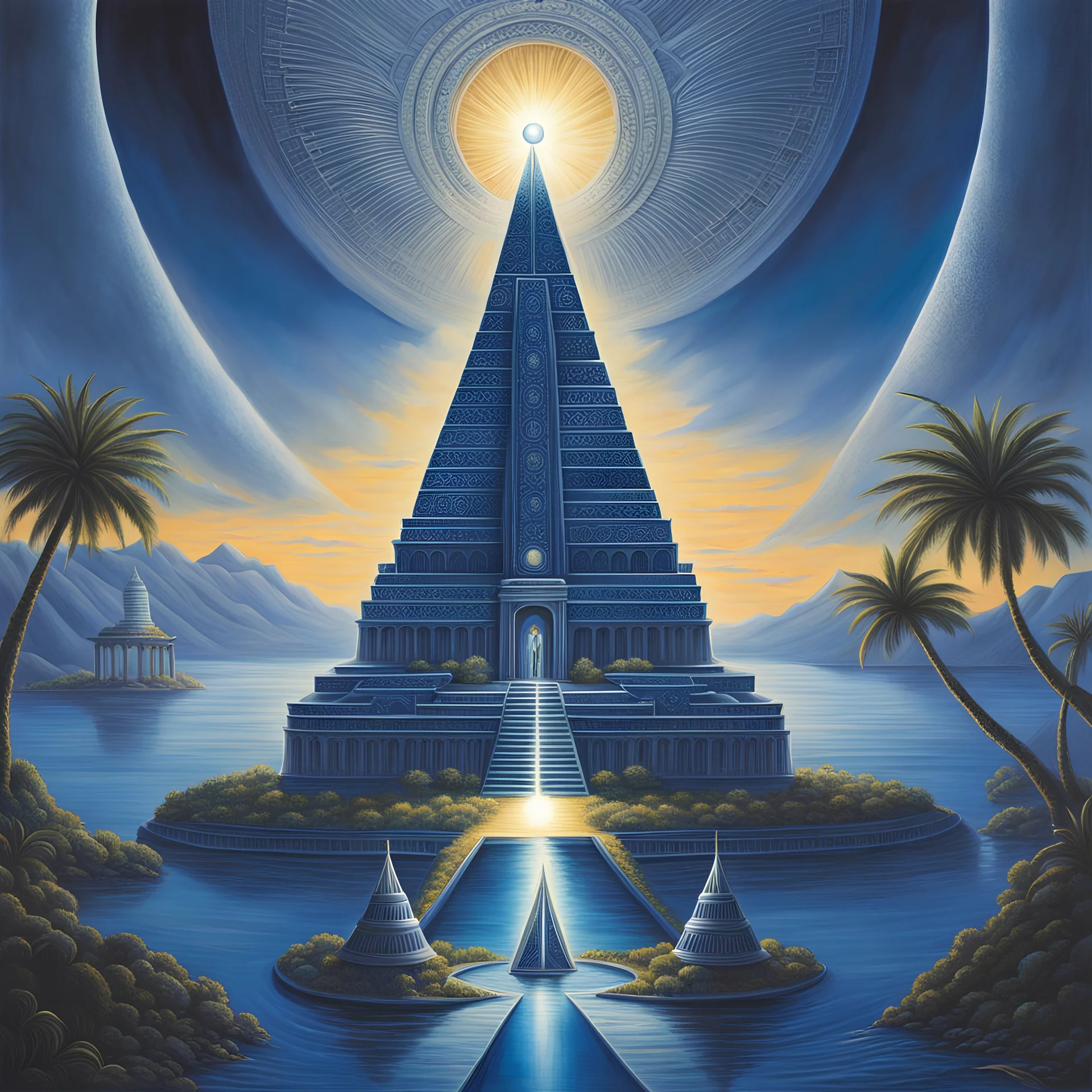 centered an extraordinary view of an otherworldly alien dark blue pyramid palace with a large sun symbol on top of it, surrounded by ocean, a queen of an otherworldly extraterrestrial race is standing in the foreground looking at her land, intricate airbrush art, pencil sketch, crisp quality, award winning masterpiece