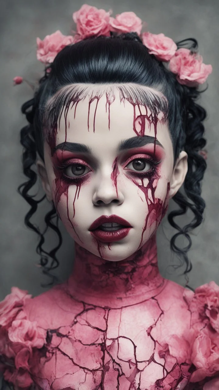 full color, illustration of a darkred and pink tones, menacing, Singer Melanie Martinez face, as a decayed, broken, skin turned translucent, black veins that extended like roots beneath her skin, latex suit, crude homemade cloth doll toy, with a narrow cracked porcelain face, thick dark eyebrows, hair in two gradually, made from ragged strips of cloth, in the style of Alex Pardee, Tim Burton, and Nadya Sheremet