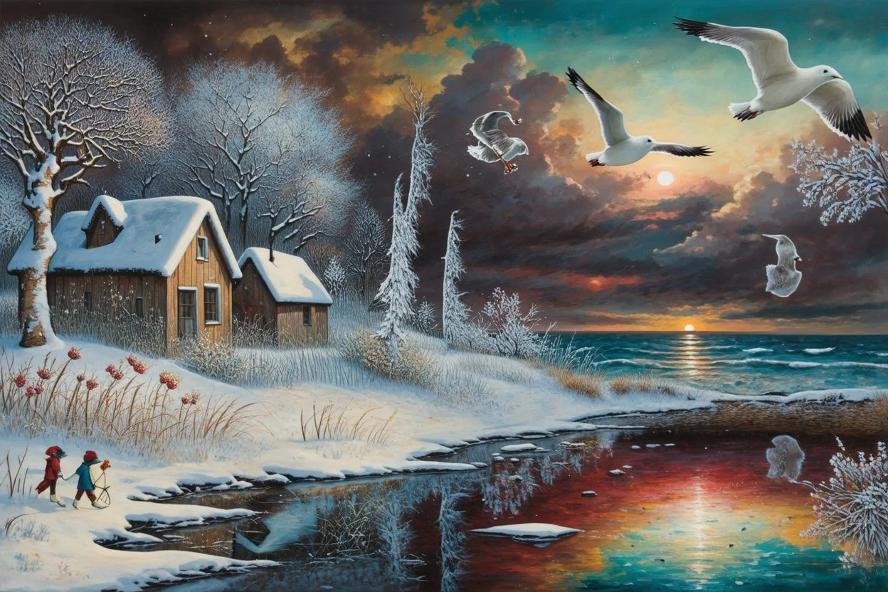 Richly textured Hieronymus Bosch, Catrin Welz-Stein, William Turner, Zdzisław Beksiński, Jacek Yerka oil on canvas zentangle line art style mix, surreal frosted fantasyland winter oceanscape, hoarfrost on trees, high grasses, snow and cottages, withered flowers, pale sunrise; paint splatter, beautiful vibrant colors, reflections, SK, flying seagulls, dramatic clouds, snowfall.