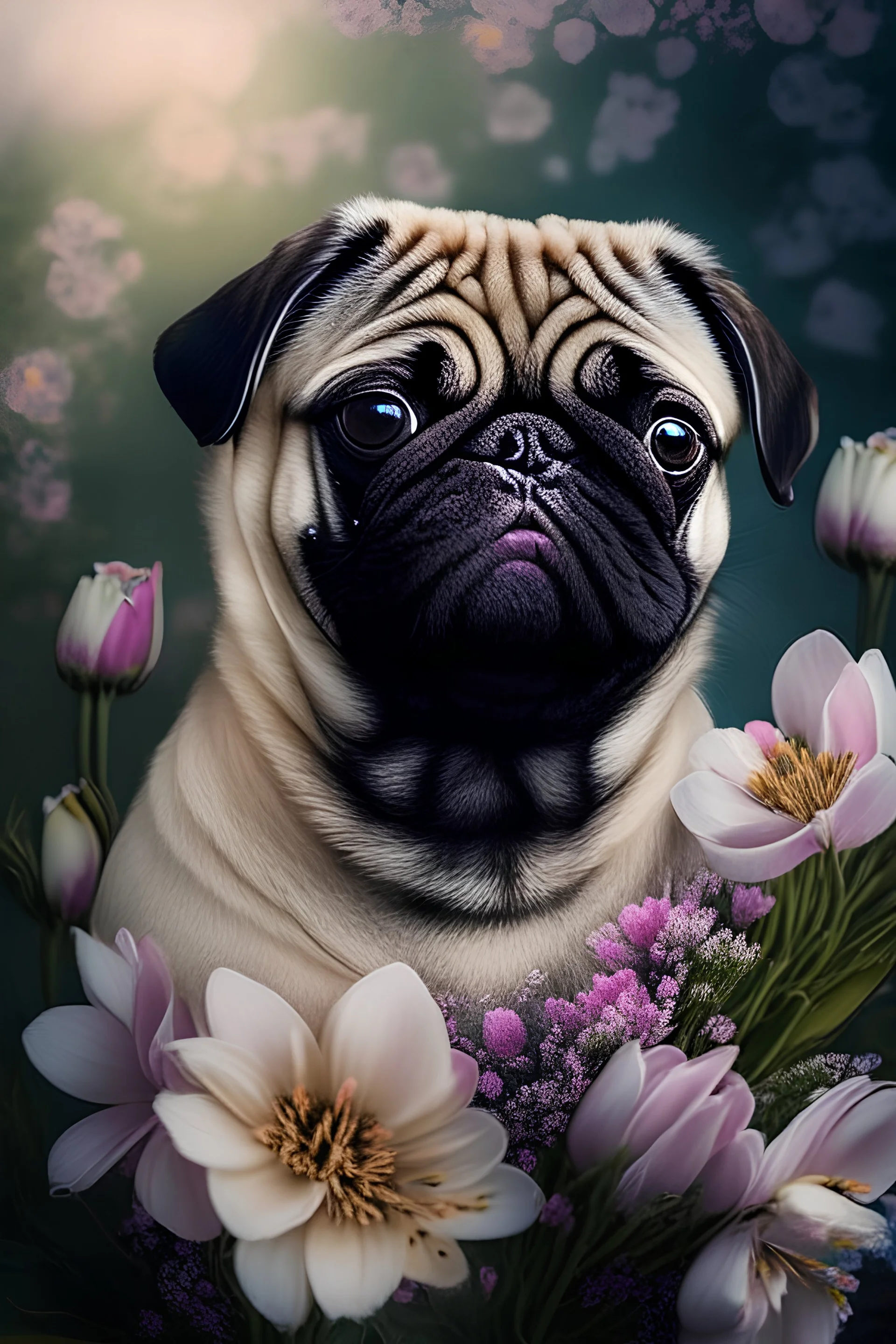 beautiful pug with flowers