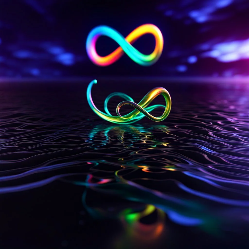 infinity symbol ∞ with vibrant single plankton in water, striking, neon, chiaroscuro, dramatic, captivating, powerful, fantasy, beautiful, octane render, 16k post-production, artstation: award-winning: atmospheric: commanding: fantastical: clarity: ultra quality: striking: brilliance: stunning colors: amazing depth; lens: f/11, 35mm