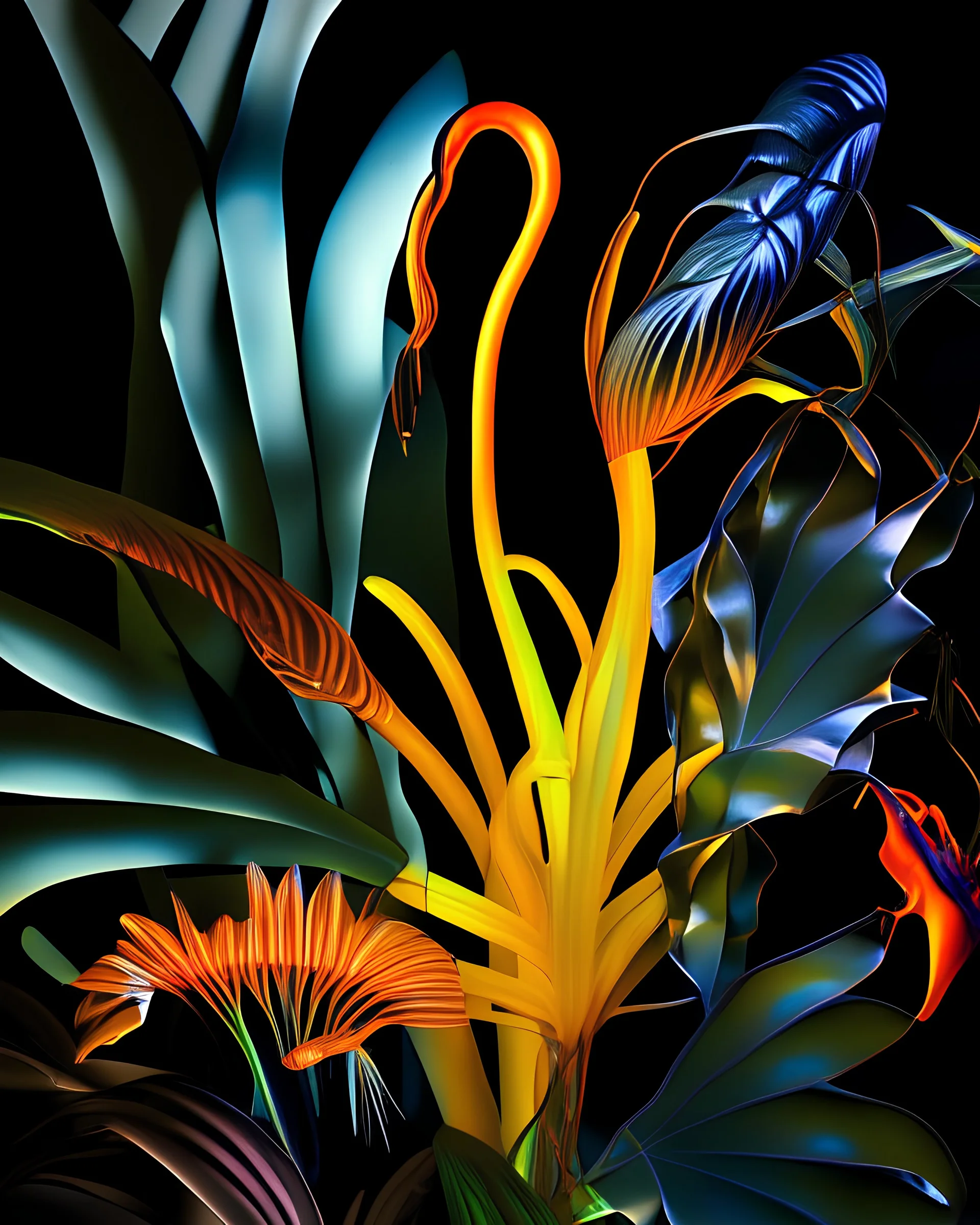 Flame lily, Strelitzia, African aloe, fern, banana leaf, Frangipani, Palm tree, flamingo, hibiscus, tropical vegitation, still life, uv lighting, Slick, sinuous, industrial design forms, Fluid Dynamic, cephalopod, Coleoptera translucent, fighting fish, the Futuristic Fashion Of Iris Van Herpen and H. R. Giger, resin pigment and fiber, atmospheric macro photography, the camera lens reveals realistic and tangible space where wondrous motions of strange forms occur, thereby creating psychedelic eff