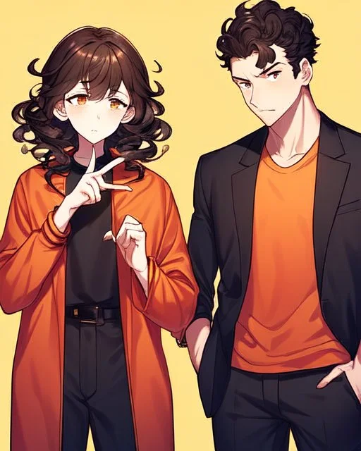 Anime manga style, Black boy with dark brown curly hair, wearing red and orange clothes and black jeans, always with one hand in his pocket, looking a little irritated
