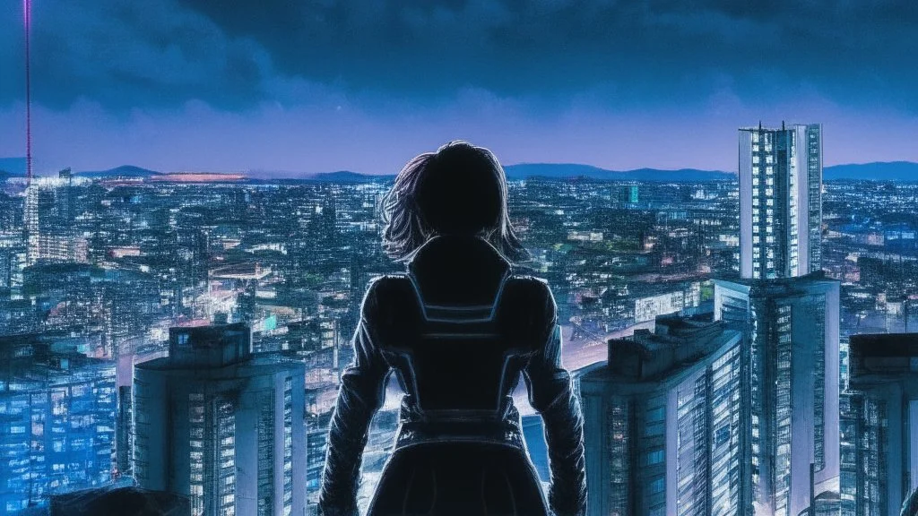 Clear Focus, High resolution, Beautiful girl standing backwards to a Cyberpunk skyline, comic style