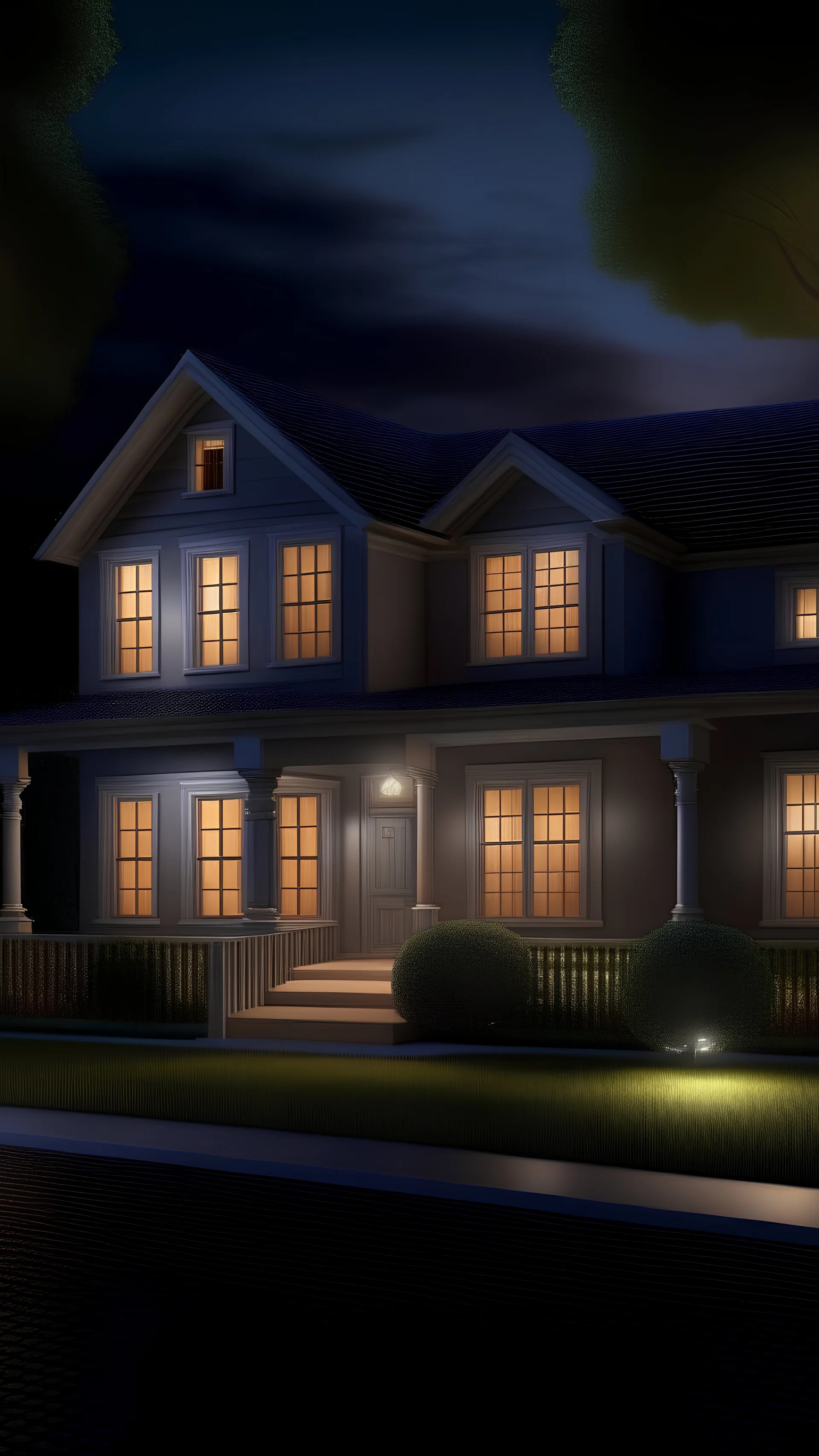 Illustrate a house at dusk with automated exterior lights turning on, highlighting both security and aesthetic aspects.