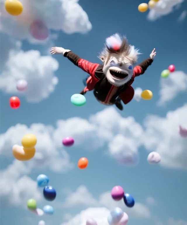 Ultra realistic speed clouds sky scene, wide angle view, child falling down with many Children background, inflatable monsters, circus dress style, feather color, free jumping flying, many trinkets, hair monster, many jelly beans, balls, color smoke, smile, happy, extreme, wind, clouds sea, 20,000 feet altitude, stratosphere, soft color, highly detailed, unreal engine 5, ray tracing, RTX, lumen lighting, ultra detail, volumetric lighting, 3d, finely drawn, high definition.