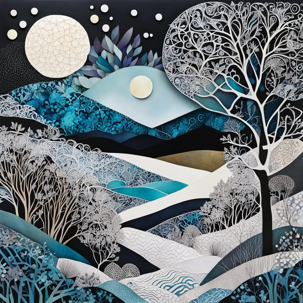 abstract paper collage overlayed with Zentangle patterns that depict the vastly diverse landscape of Nature bathed in pale moonlight of winter, highly detailed, vibrant natural color, with bold ink outlining