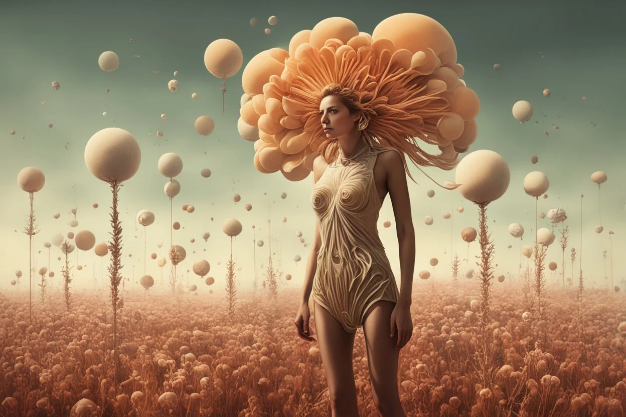 a full body portrait of how she became a victim of her own abstract thinking, her mind beset by a thousand fritillary mechanistic organisms , neo surrealism, biomorphic , striking, atmospheric, dreamlike, enigmatic, in the style of Yves Tanguy , Kay Sage in soft organic colors, hyper detailed , cinegraphic realism, 4k