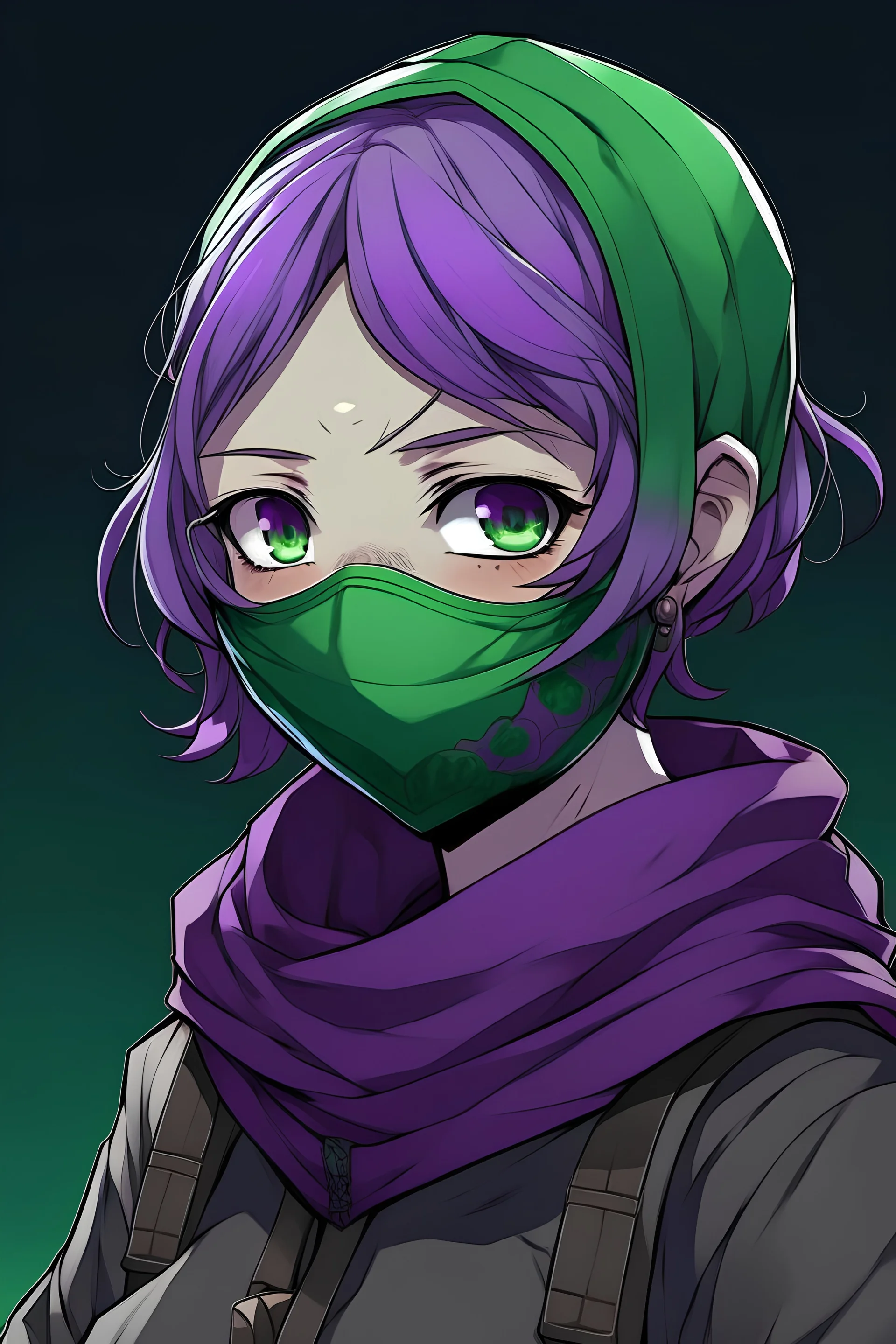 young. scholar. masked. deep green and purple. inquisitive and happy. anime.