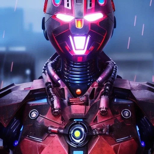 A portrait of a Robot, Japanese cyber samurai, art by Yoji Shinkawa, artist, cold ambient, rain, fog, latex, cables, purpurin, black, decorative color lights, neon style, a lot of led lights, fog, rain, vibrant color, highly detailed, art stations, concept art, smooth, unreal engine 5, god rays, ray tracing, RTX, lumen lighting, ultra detail, volumetric lighting, 3d, finely drawn, high definition, high resolution.