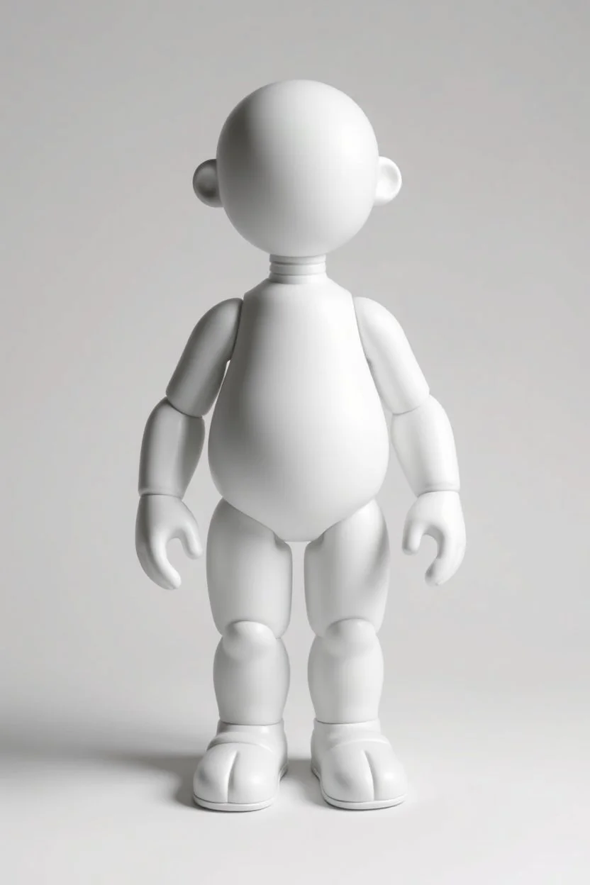 a simple standing animated figure (head molded into shoulders, no neck, legs molded from bottom of body, a completely flat face area, stubby legs, bulky arms, no painted details, white in color) vinyl art toy