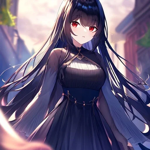 Clear focus, high resolution, black long fluffy hair, red eyes, wearing a cute outfit