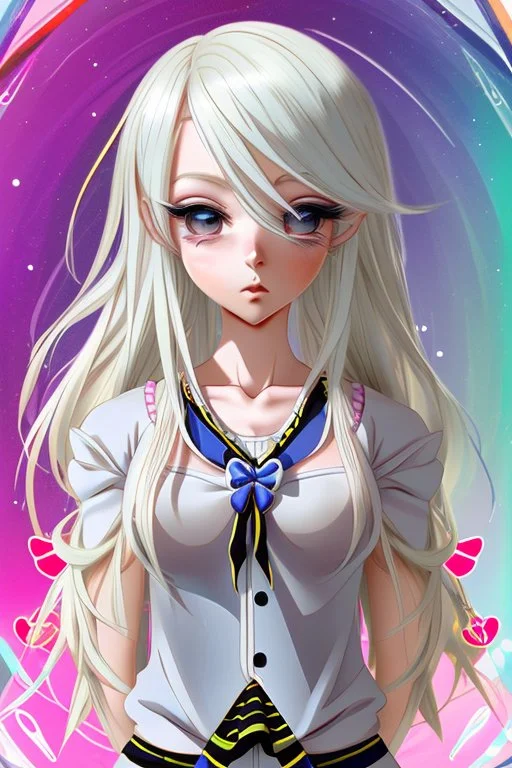 The girl should be a young and energetic anime lady, with light-colored hair (such as blonde or silver) styled in a playful way. She should have bright and expressive eyes, maybe with a hint of mischief or curiosity. Her outfit can be inspired by the colors and symbols of the Gemini zodiac sign, with a mix of blue, yellow, and white, and some dualistic motifs such as two butterflies, birds, or stars.