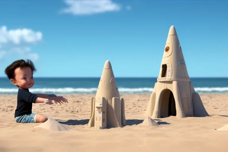 Toddler Elon Musk building a tall space rocketShip sand castle on the beach