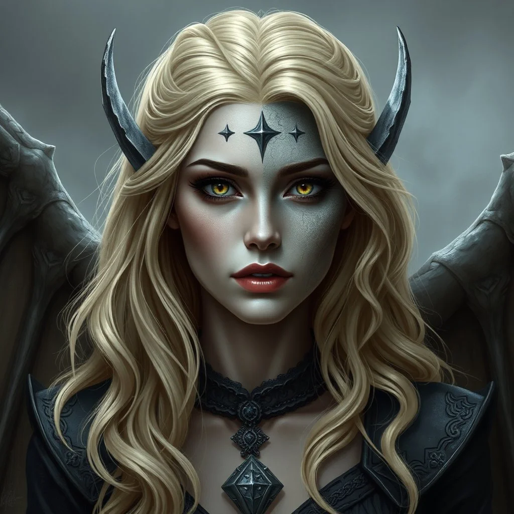 a blonde fantasy woman who is half human and half gargoyle, face is stone, medieval, gothic, digital art, stylised