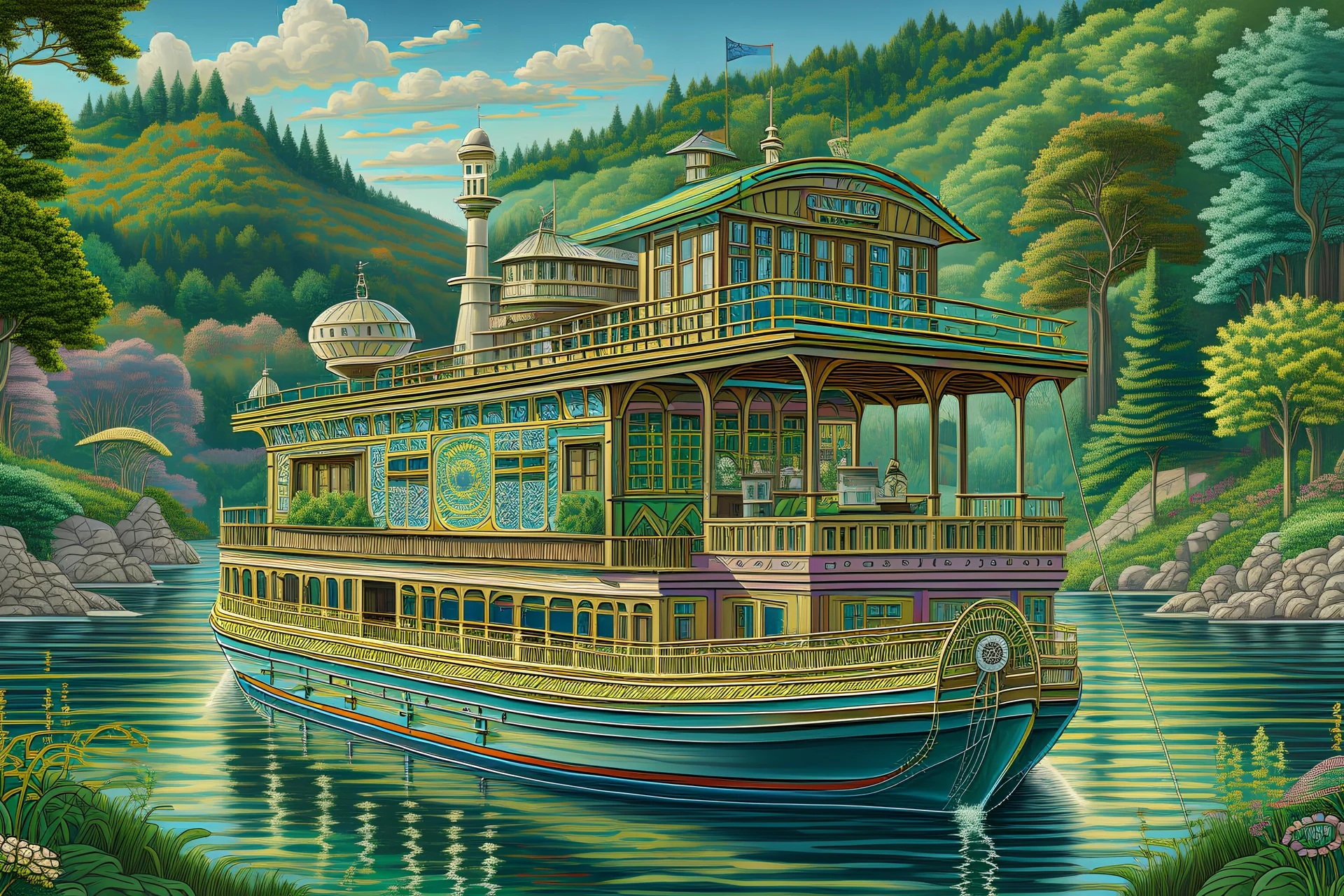 Wide view, In the style of Daniel Merriam, an intricate, elegant houseboat on a river, forests on both sides of the river, mountains in the background, detailed, complex, award winning masterpiece,