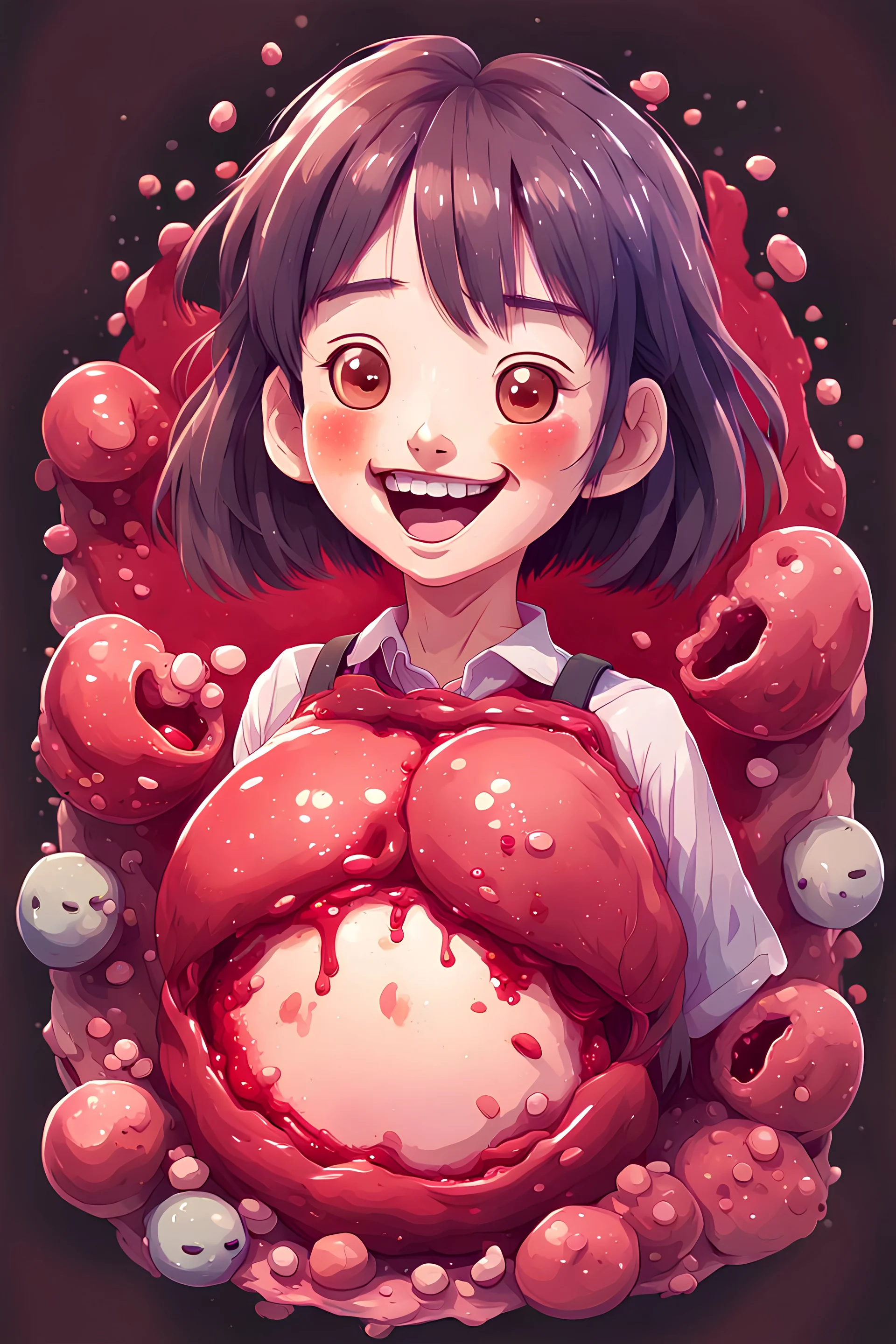 A detailed illustration Anime girl smiling crushed inside really darkred fleshy stomach filled with digestive juices, t-shirt design, in the style of Studio Ghibli, pastel tetradic colors, 3D vector art, cute and quirky, fantasy art, watercolor effect, bokeh, Adobe Illustrator, hand-drawn, digital painting, low-poly, soft lighting, bird's-eye view, isometric style, retro aesthetic, focused on the character, 4K resolution, photorealistic rendering, using Cinema 4D, vector logo, vector art,