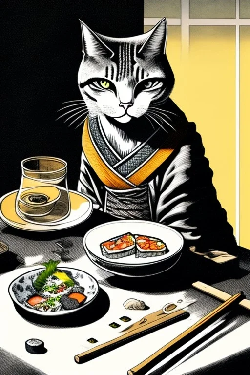 Cat, sitting at a table, eating sushi,perfect iris, ink and pencil, style Tiziano