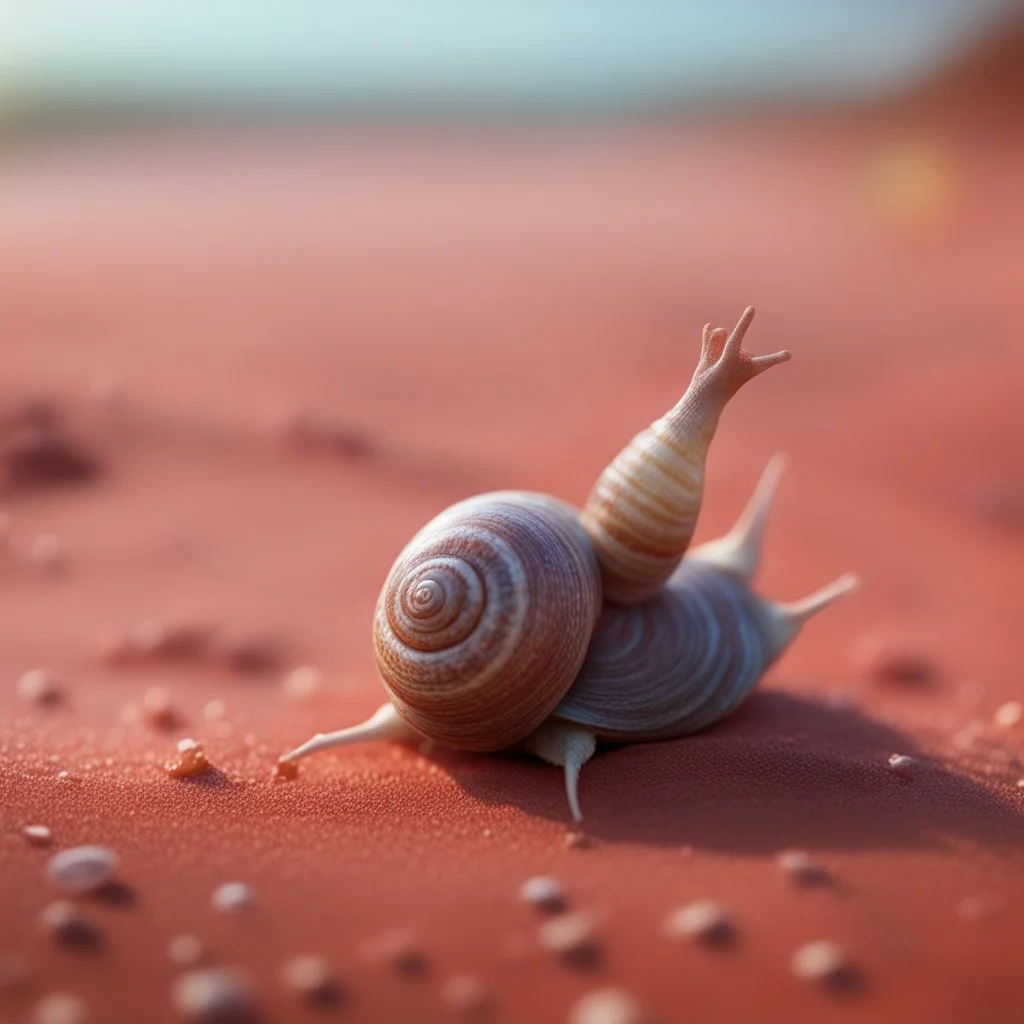 elongated gremlin female snail like witch on the red sand beach ,bokeh like f/0.8, tilt-shift lens 8k, high detail, smooth render, down-light, unreal engine