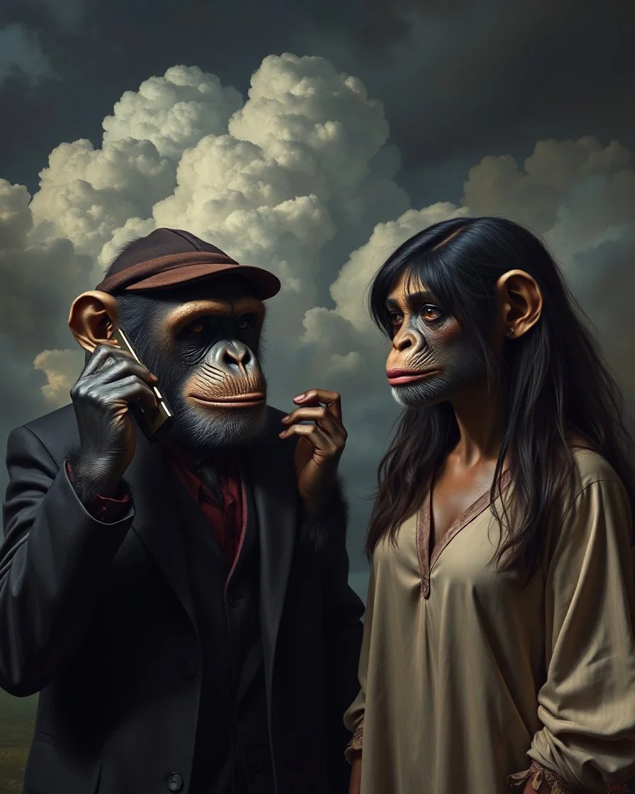Bosch painting style, nightmare , a male chimpanzee dressed like a teenager with phone talking to a female chimpanzee dressed like a teenager also has a phone asking for her number great quality picture with cinematic scenes , heavy clouds in the background