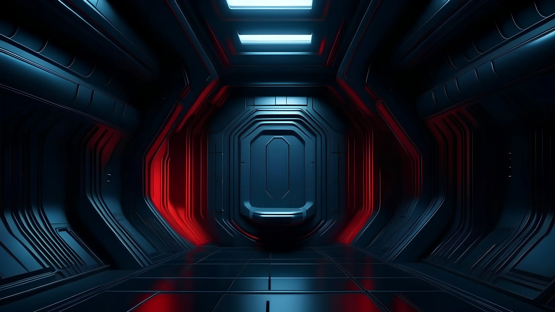 3d, grey,blue,dark mode, wallpaper,,background,design,paint,futuristic, space ship interior, technology, thin red streak, thick matte lines with soft edges, minimalistic
