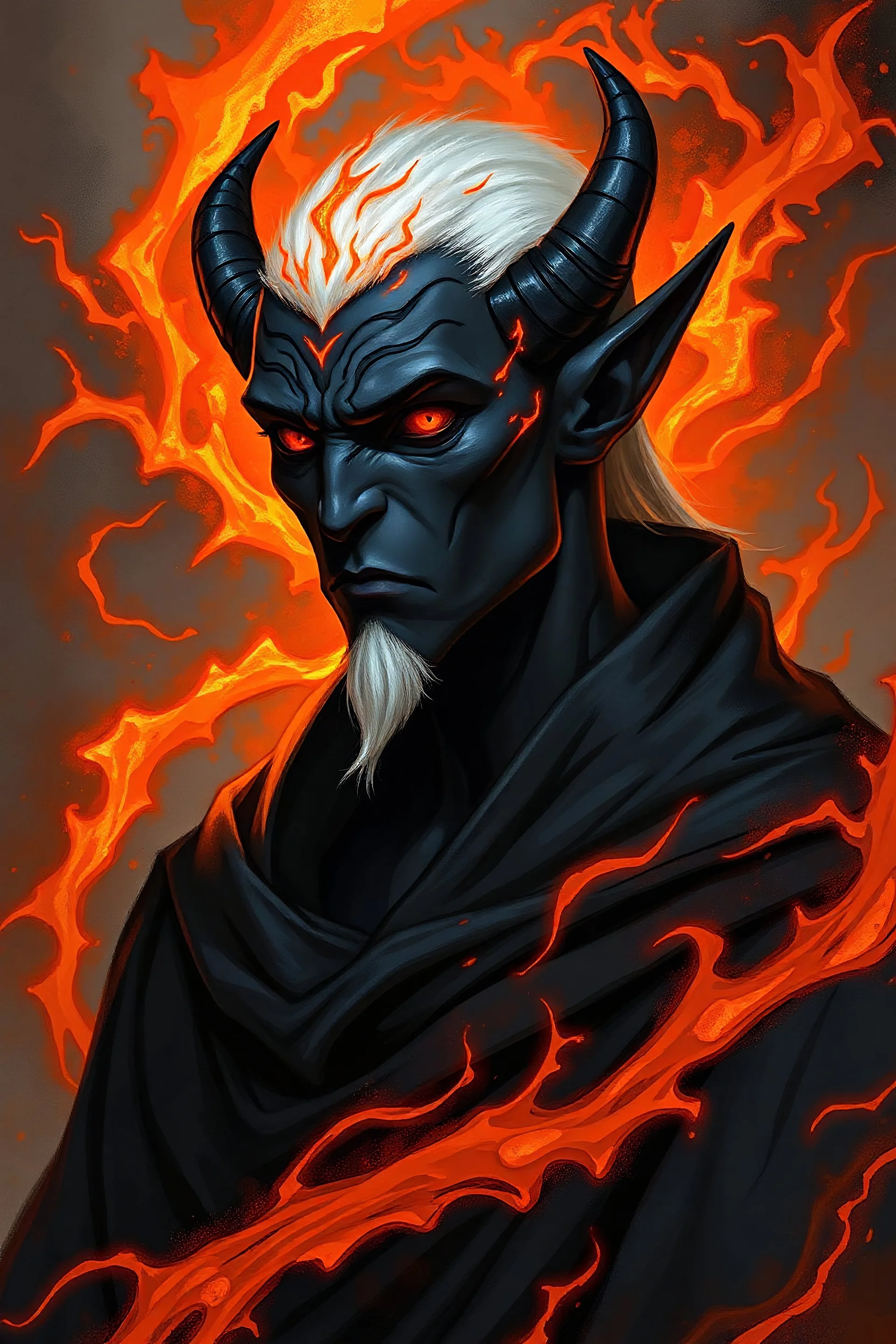 Please generate a male drow warlock for D&D. He should have dark, charcoal indigo-colored skin. He should have orange-colored magic surrounding him. His hair should be cropped and white. He wears robes.