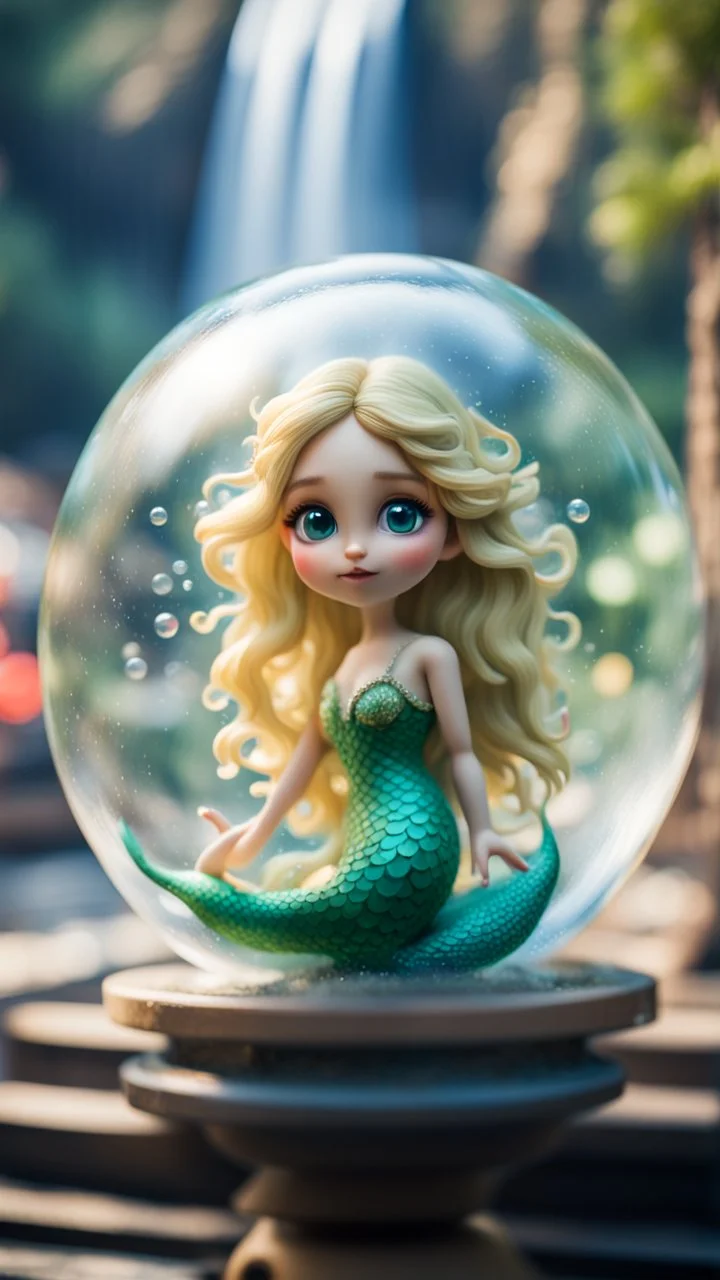 portrait of tiny green mermaid winged fairy with blonde swirly hair completly inside crystal ball bubble at the train station under waterfall,bokeh like f/0.8, tilt-shift lens 8k, high detail, smooth render, down-light, unreal engine, prize winning