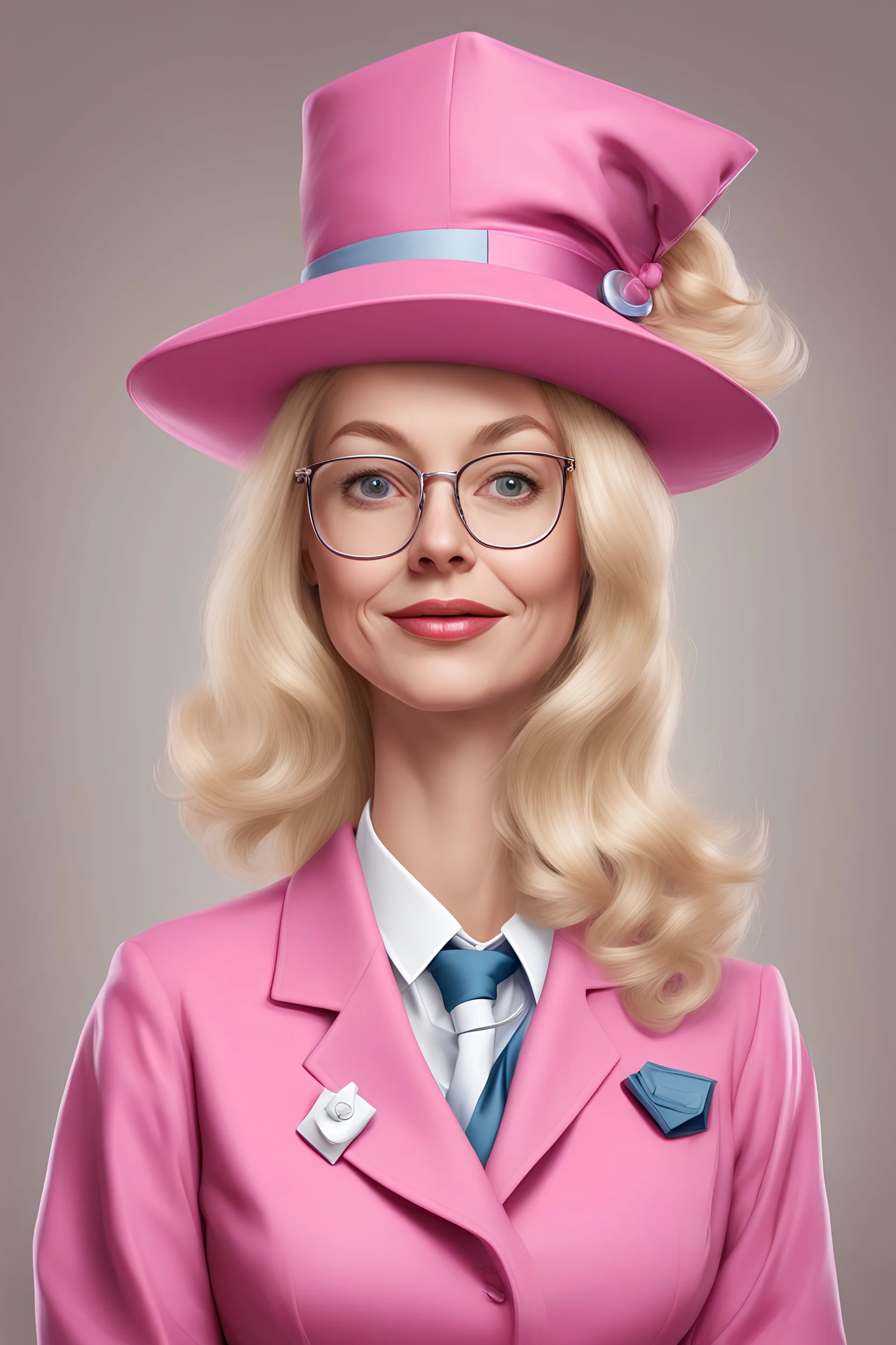 Een dom blondje die haar dokterdiploma heeft gekregen dankzij CHATGPT. superdom, karikatuur, draagt diplomahoedje. Haar outfit is roos, je ziet enkel gezicht, superkarikatuuraal en dom, ROOS, de hoed is vierkant en roze, superdomme uitstraling, meer karikaturaal gezicht? Echt afstudeer zoals amerikaanse scholenhoed VIERKANTE HOED, bachelorshoed, jong karikaturaal carnaval