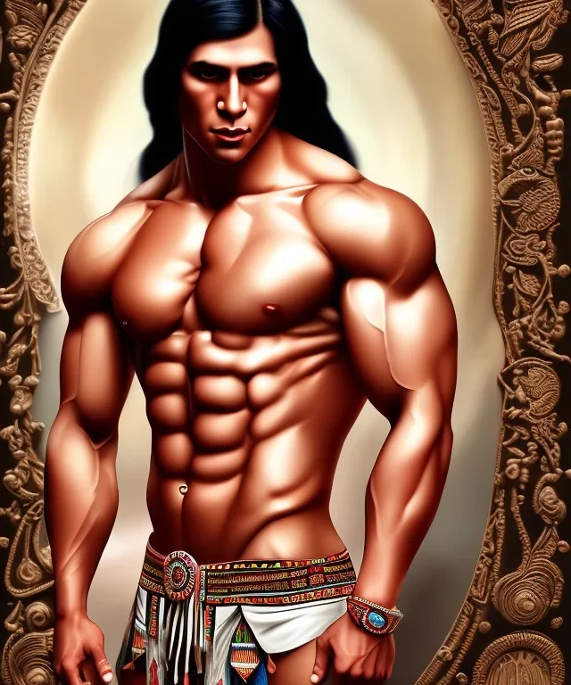 native american warrior, long black hair, big muscles, shirtless, circular chest dress piece